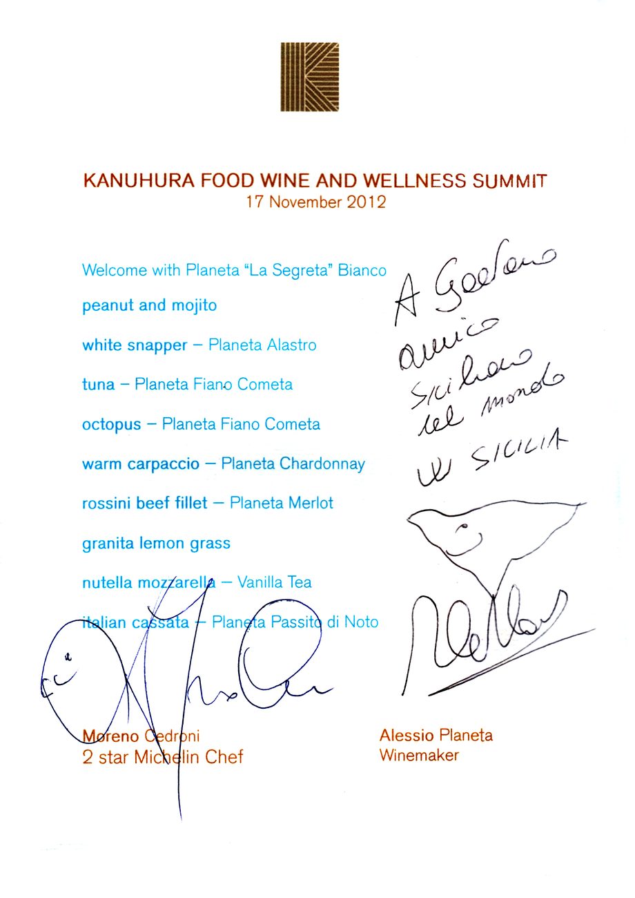 Archive document — menu of the Kanuhura Food, Wine and Wellness Summit, 17 November 2012, signed by Moreno Cedroni and Alessio Planeta