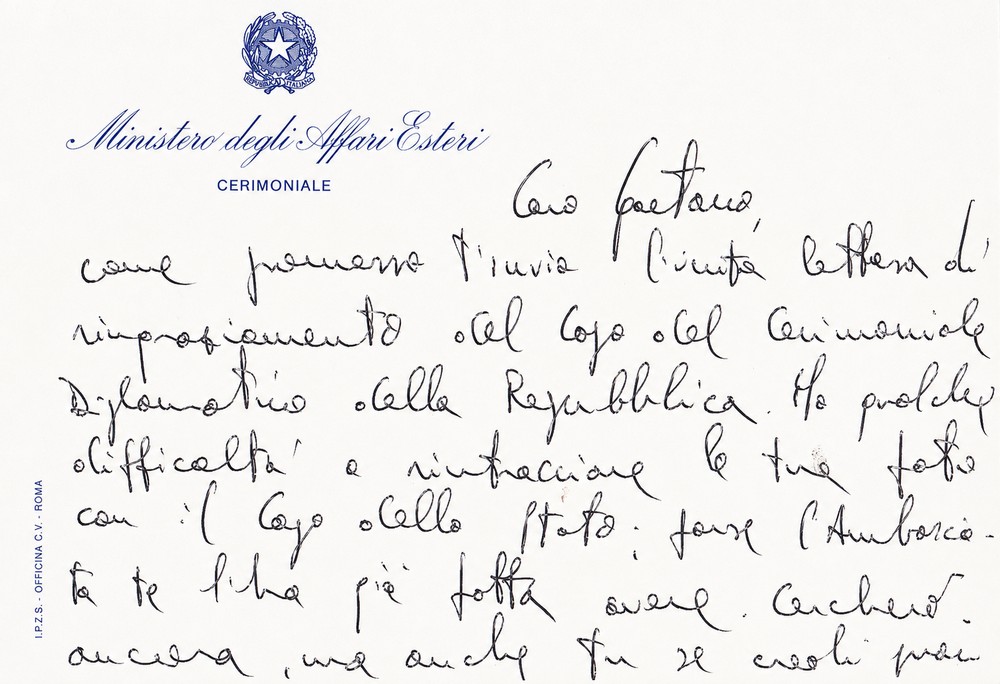 Archive document — Ministero degli Affari Esteri · Cerimoniale · Letter to Gaetano Sgroi