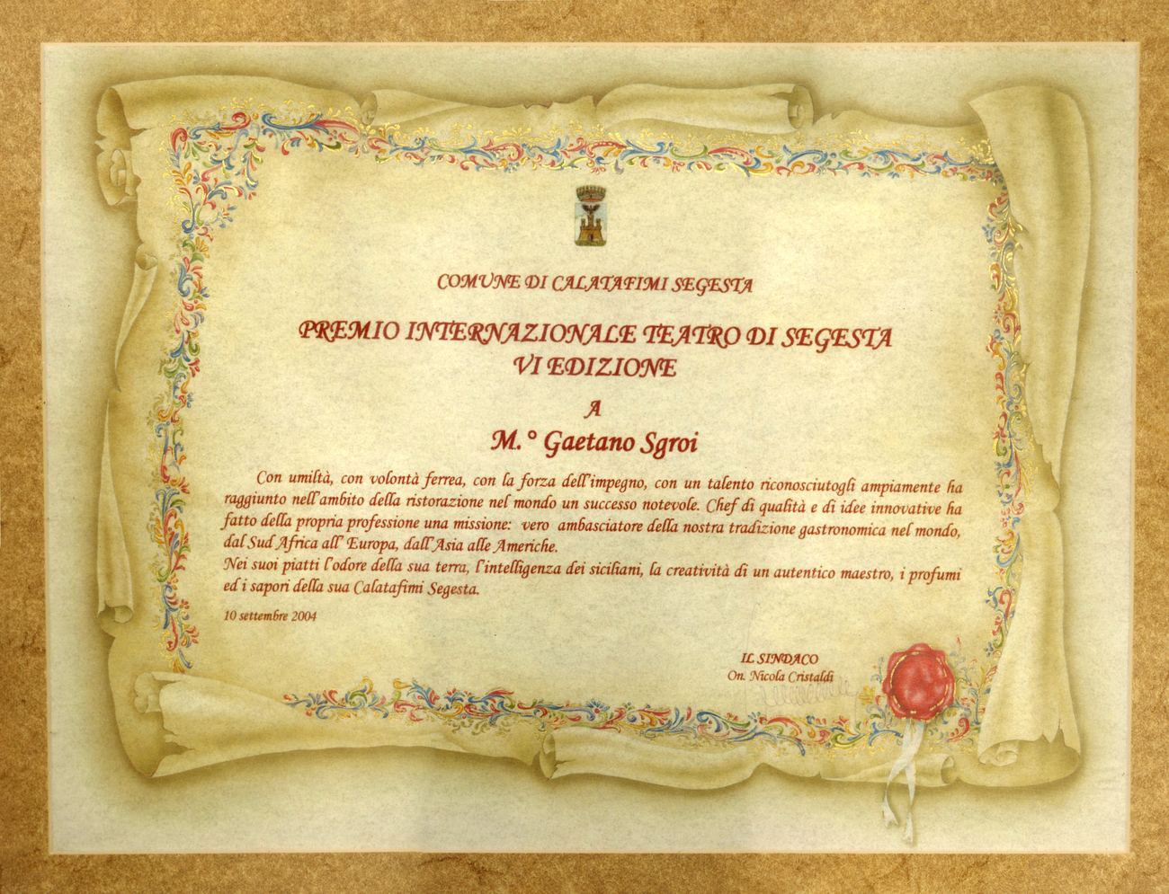 Archive document — Premio Internazionale Teatro di Segesta, VI Edizione, Comune di Calatafimi Segesta, 10 September 2004
