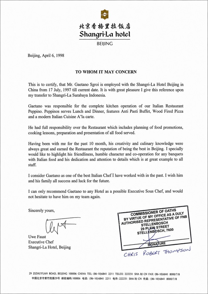 Archive document — Shangri-La Hotel Beijing · Reference letter · 6 April 1998