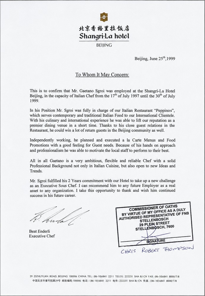 Archive document — Shangri-La Hotel Beijing · Peppino's · 25 June 1999