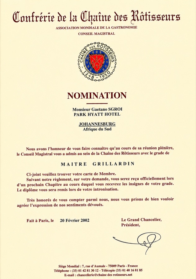 Press clipping — Chaîne des Rôtisseurs · Nomination · Maître Grillardin · 2002