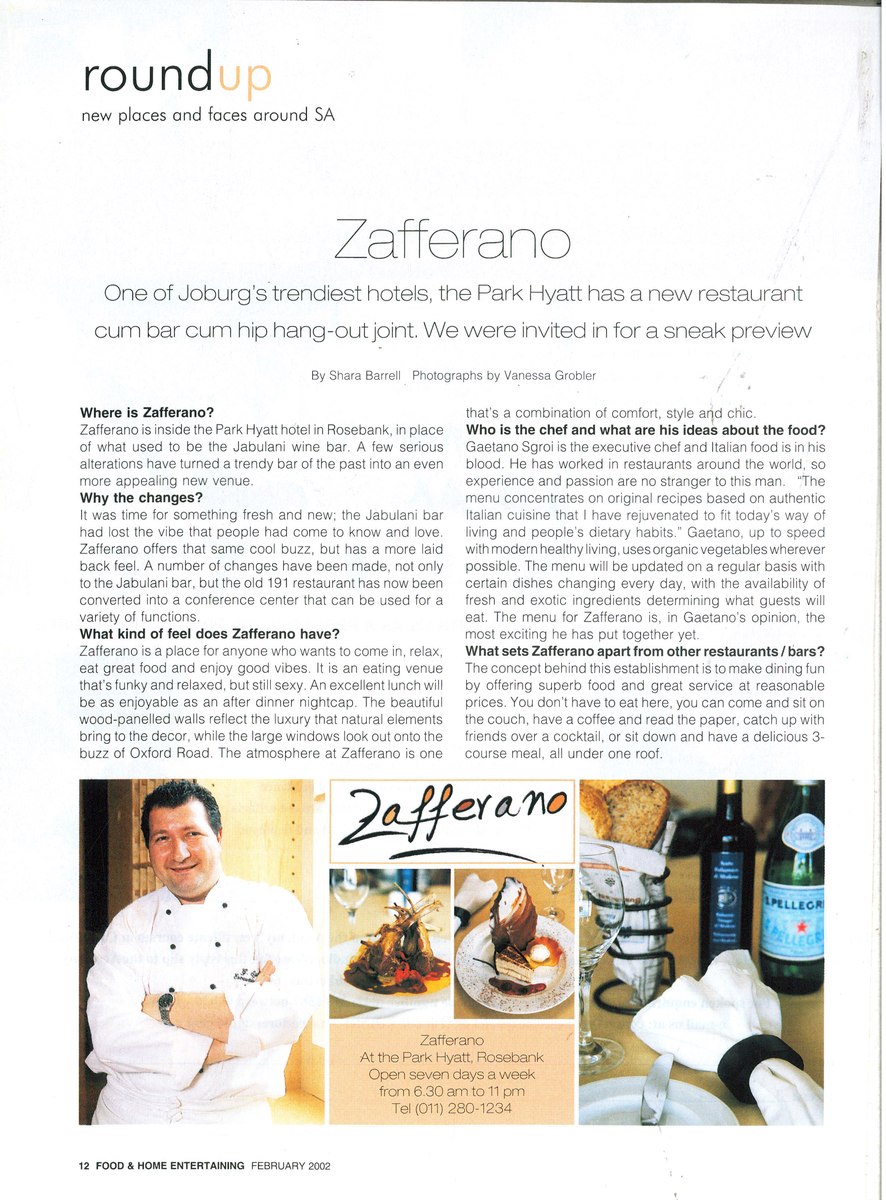 Press clipping — Food & Home Entertaining · Zafferano · Park Hyatt Johannesburg · 2002