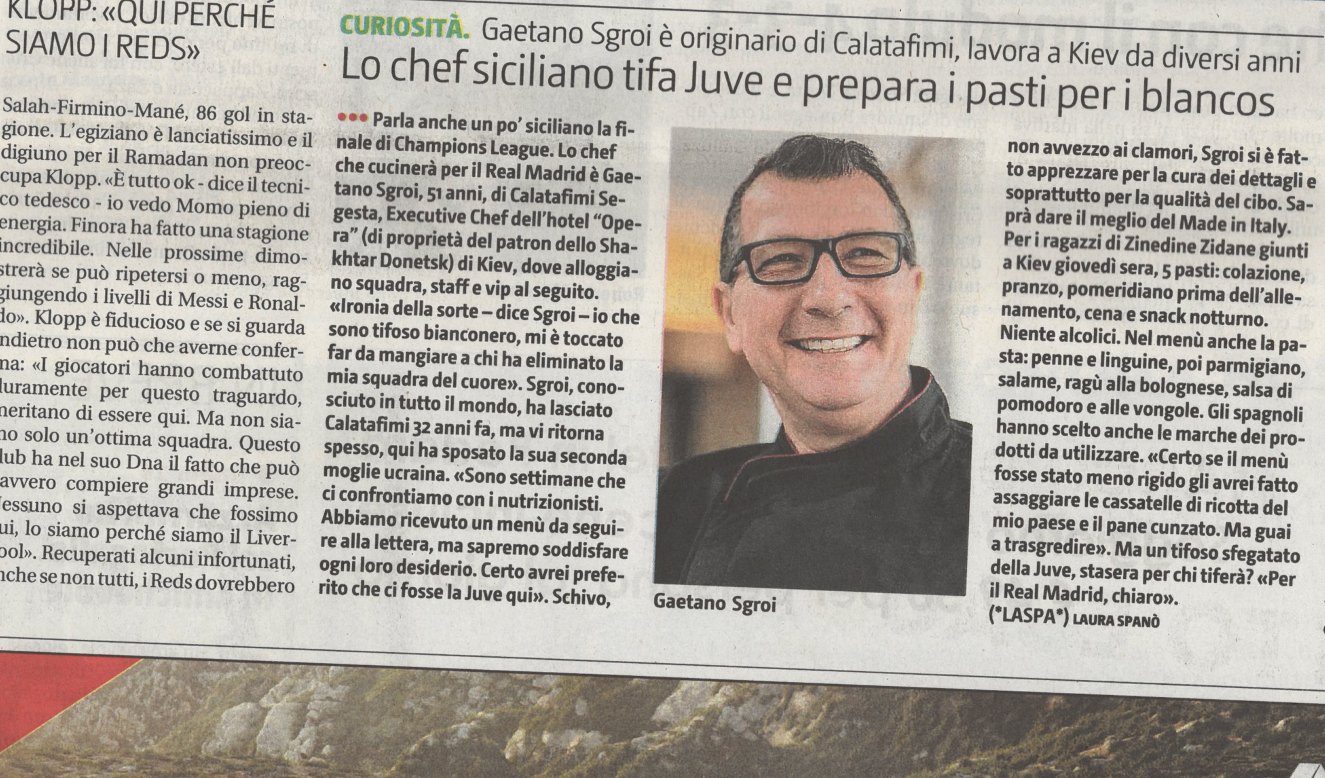 Press clipping — Giornale di Sicilia · Lo chef siciliano tifa Juve e prepara i pasti per i blancos