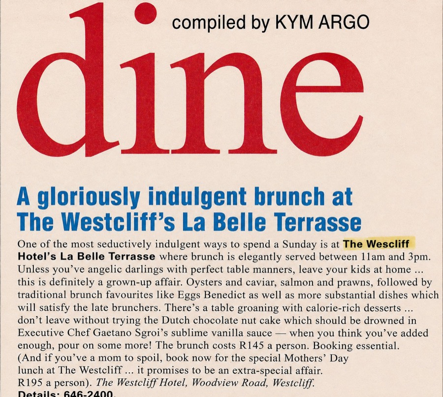 Press clipping — dine, The Westcliff