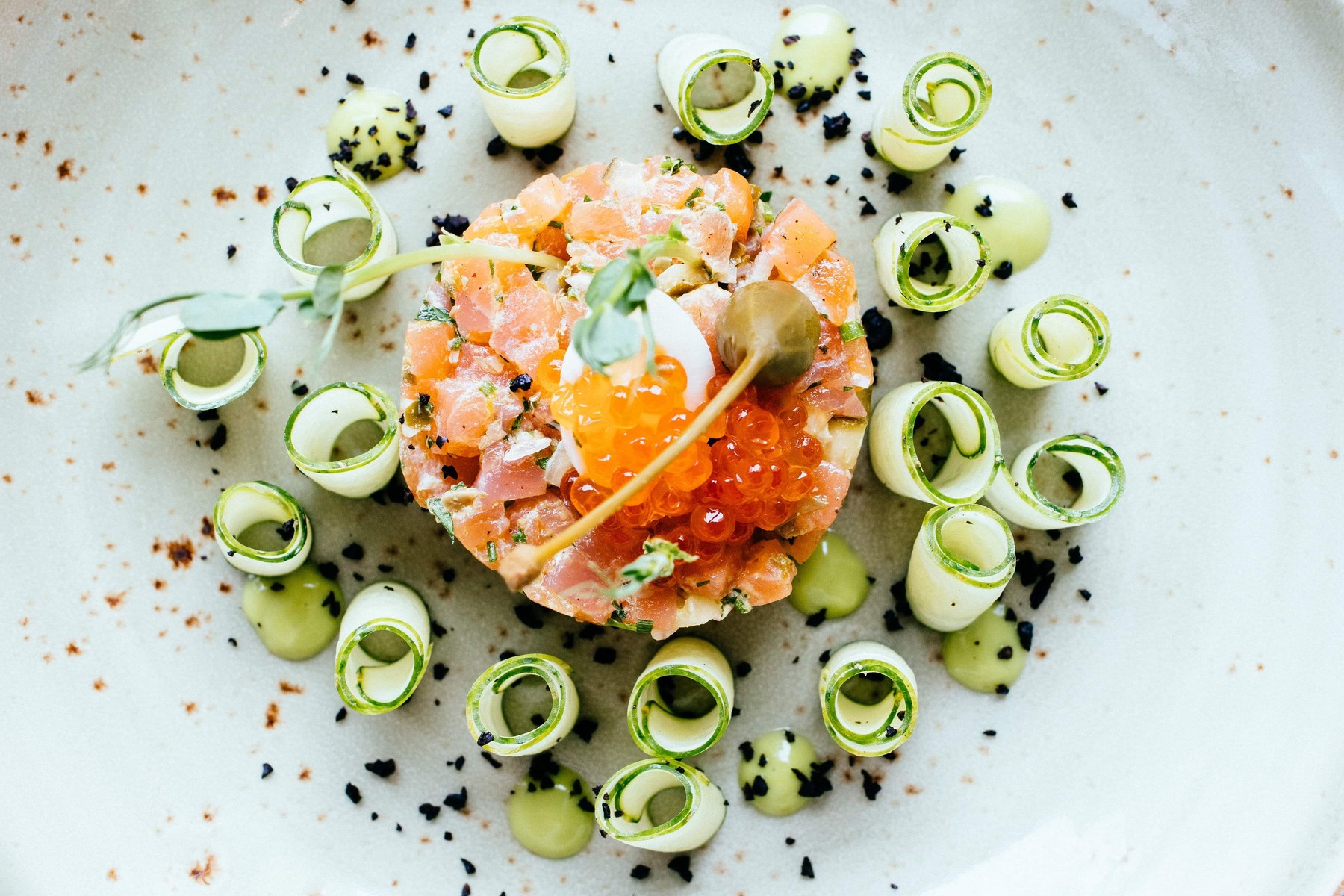 Atlantic Salmon Tartare, Cucumber Ribbons, Ikura & Wasabi Emulsion